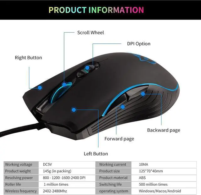 Alt view image 6 of 7 - Wired Gaming Mouse, 7 Colors Backlit Optical Game Mice Ergonomic USB Wired with 2400 DPI and 6 Buttons 4 Adjustable DPI for Computer/Win/Mac/Linux/Andriod/iOS. (Black)