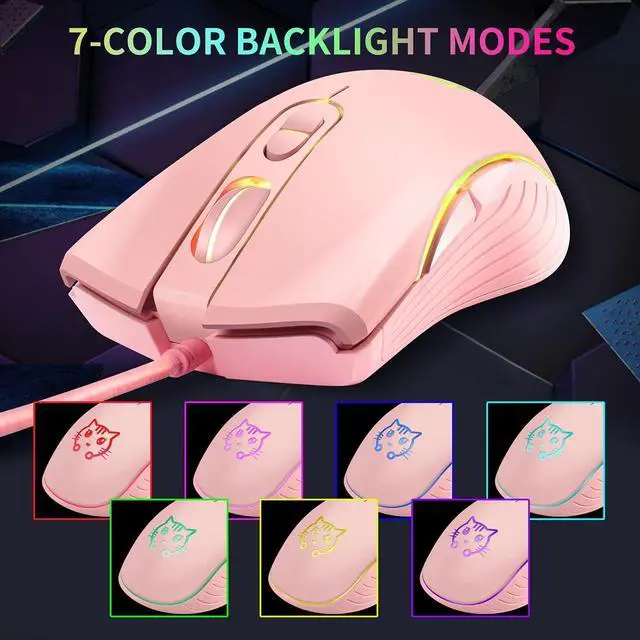 Alt view image 3 of 7 - Wired Gaming Mouse, 7 Colors Backlit Optical Game Mice Ergonomic USB Wired with 2400 DPI and 6 Buttons 4 Adjustable DPI for Computer/Win/Mac/Linux/Andriod/iOS. (Pink)