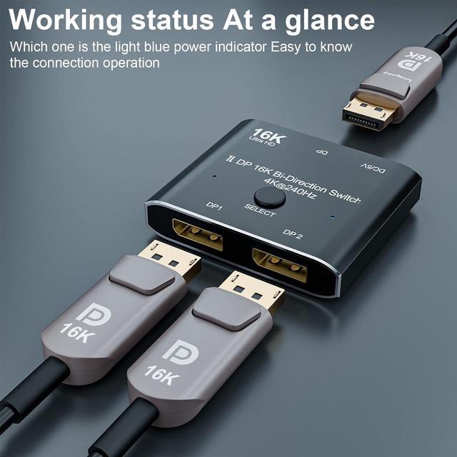 Alt view image 3 of 7 - 2 Port DisplayPort Switch, 16K@60Hz DP Switch Bi-Direction 8K@120Hz 4K@240Hz Displayport Splitter Converter for Multiple Source and displays 16K DP Video Converter