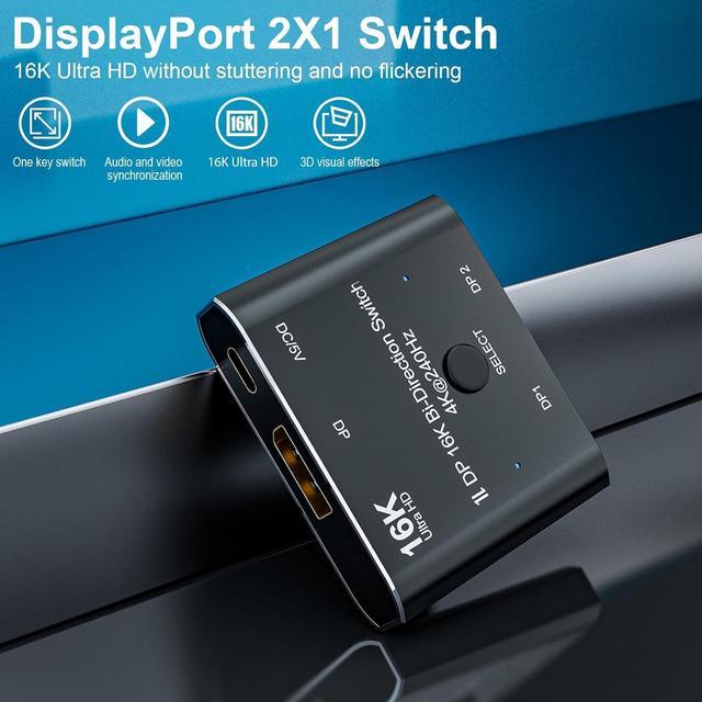 Alt view image 2 of 7 - 2 Port DisplayPort Switch, 16K@60Hz DP Switch Bi-Direction 8K@120Hz 4K@240Hz Displayport Splitter Converter for Multiple Source and displays 16K DP Video Converter