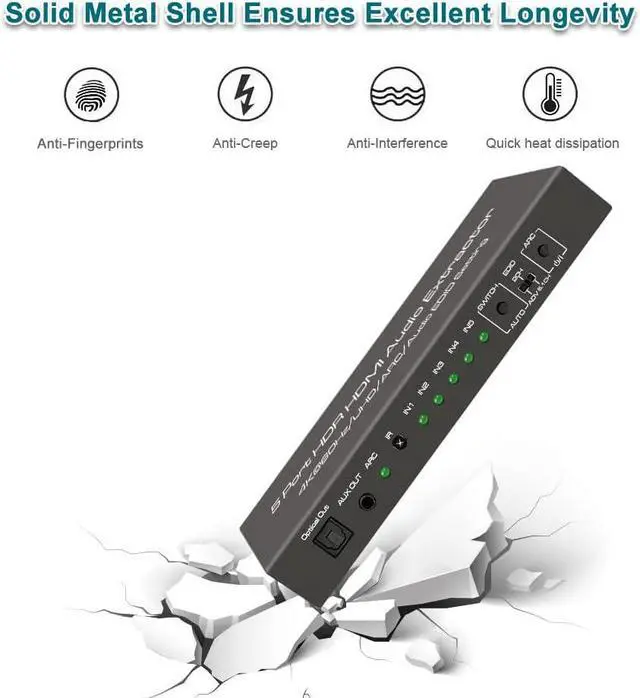 Alt view image 6 of 7 - 4K@60Hz HDMI 2.0 Switch Audio Extractor with Optical + 3.5mm AUX Output, 5 Ports HDMI Switch, Premium 5 in 1 Out HDMI Switcher Converter Support ARC, HDCP 2.2, HDR10, 18Gbps, D-o-lby Vision, D-ol-by