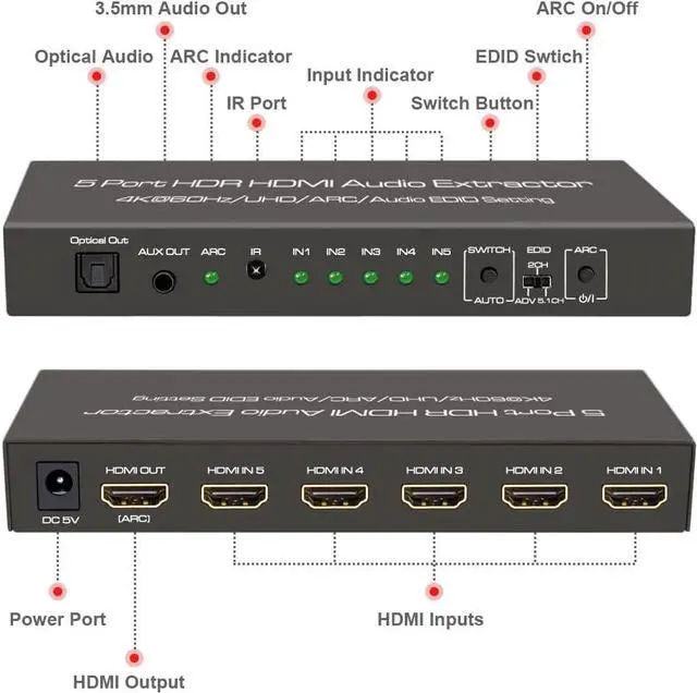 Alt view image 7 of 7 - 4K@60Hz HDMI 2.0 Switch Audio Extractor with Optical + 3.5mm AUX Output, 5 Ports HDMI Switch, Premium 5 in 1 Out HDMI Switcher Converter Support ARC, HDCP 2.2, HDR10, 18Gbps, D-o-lby Vision, D-ol-by