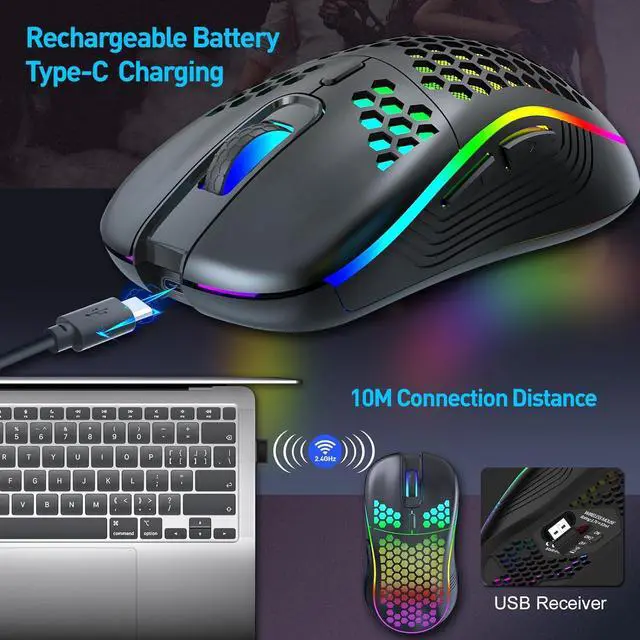 Alt view image 2 of 7 - Wireless Gaming Mouse, Rechargeable Computer Mouse Ergonomic Mice Honeycomb Design with RGB Backlight, USB Receiver, 6 Buttons, Adjustable DPI (800/1600/2400 dpi), Wireless Mouse for PC/Mac/Laptop