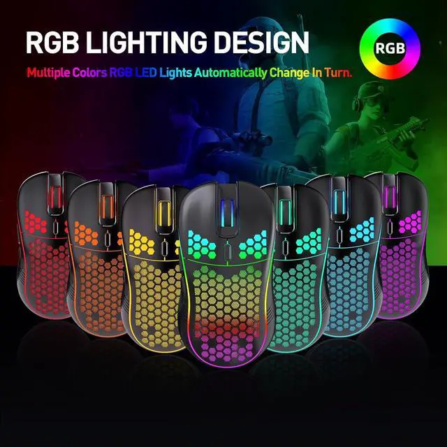 Alt view image 5 of 7 - Wireless Gaming Mouse, Rechargeable Computer Mouse Ergonomic Mice Honeycomb Design with RGB Backlight, USB Receiver, 6 Buttons, Adjustable DPI (800/1600/2400 dpi), Wireless Mouse for PC/Mac/Laptop