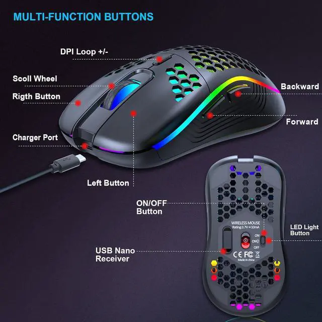 Alt view image 6 of 7 - Wireless Gaming Mouse, Rechargeable Computer Mouse Ergonomic Mice Honeycomb Design with RGB Backlight, USB Receiver, 6 Buttons, Adjustable DPI (800/1600/2400 dpi), Wireless Mouse for PC/Mac/Laptop