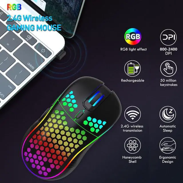 Alt view image 7 of 7 - Wireless Gaming Mouse, Rechargeable Computer Mouse Ergonomic Mice Honeycomb Design with RGB Backlight, USB Receiver, 6 Buttons, Adjustable DPI (800/1600/2400 dpi), Wireless Mouse for PC/Mac/Laptop