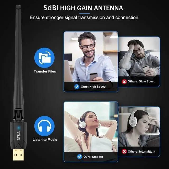 Alt view image 5 of 7 - Long Range USB Bluetooth 5.3 Dongle Adapter for PC Laptop Computer,Low Latency, 492FT/150M Wireless Transfer, for Bluetooth Keyboard Mouse Printer,Compatible With Windows 11/10/8.1/7, Plug and Play