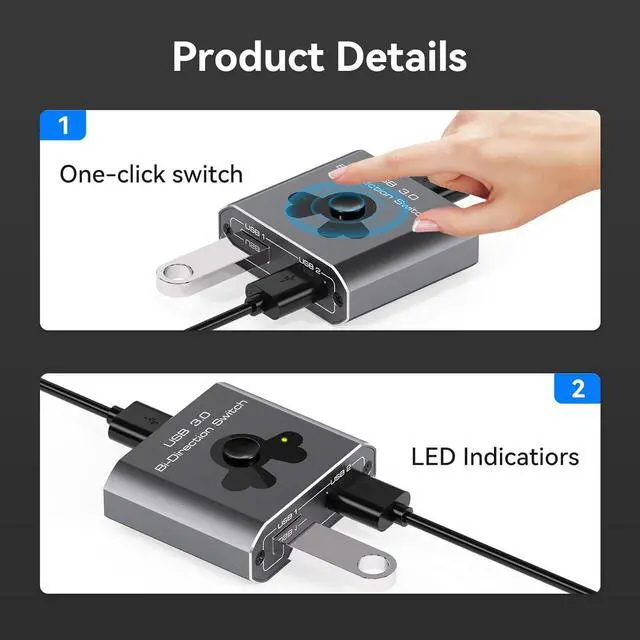 Alt view image 5 of 7 - [Bi-Directional] USB 3.0 Switch, USB 3.0 Switcher Splitter 2 in 1 out/1 in 2 out, 2 Computers Share 1 USB Device, Support Keyboard, Mouse, Printer, power-free Plug and Play (With 2 USB 3.0 Cables)
