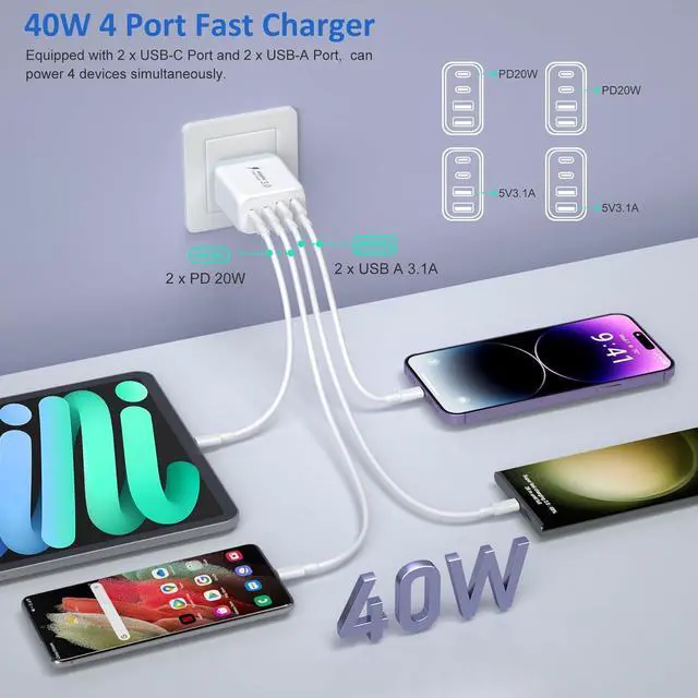 Alt view image 2 of 7 - USB C Wall Charger, 2 Pack 40W 4-Port USB C Charger Block, Fast Charging Block Dual Port PD+QC Fast Plug Type C Charging Brick for i-Phone 15 14 13 12 Pro Max, i-Pa-d Pro, Android Smartphones (White)