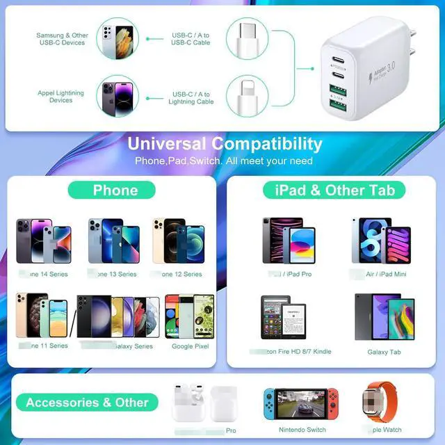 Alt view image 7 of 7 - USB C Wall Charger, 2 Pack 40W 4-Port USB C Charger Block, Fast Charging Block Dual Port PD+QC Fast Plug Type C Charging Brick for i-Phone 15 14 13 12 Pro Max, i-Pa-d Pro, Android Smartphones (White)
