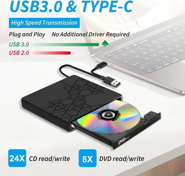 Alt view image 2 of 7 - [5 in 1] External DVD Drive, External DVD CD Drive USB 3.0 Type-C DVD/CD+/-RW Burner Drive with USB Port & SD TF Slot, External Optical DVD Drive for Windows XP/2003/Vista/7/8.1/10,Linux,Mac OS System