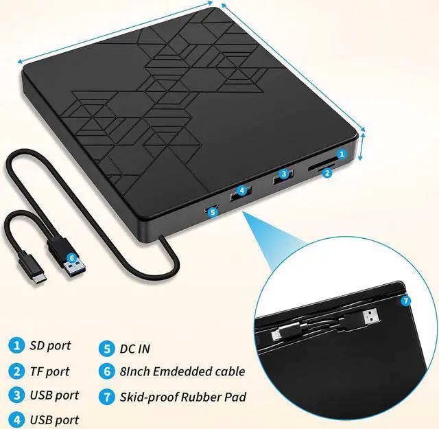 Alt view image 3 of 7 - [5 in 1] External DVD Drive, External DVD CD Drive USB 3.0 Type-C DVD/CD+/-RW Burner Drive with USB Port & SD TF Slot, External Optical DVD Drive for Windows XP/2003/Vista/7/8.1/10,Linux,Mac OS System