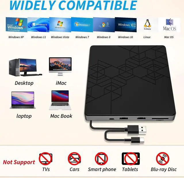 Alt view image 4 of 7 - [5 in 1] External DVD Drive, External DVD CD Drive USB 3.0 Type-C DVD/CD+/-RW Burner Drive with USB Port & SD TF Slot, External Optical DVD Drive for Windows XP/2003/Vista/7/8.1/10,Linux,Mac OS System