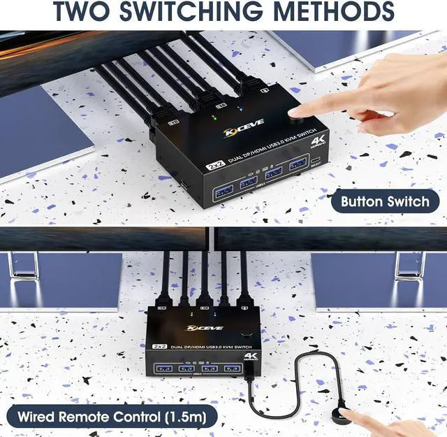 Alt view image 5 of 7 - USB 3.0 Dual Monitor KVM Switch HDMI+Displayport 4K@60Hz, 2K@120Hz, 2 in 2 Out [DP + HDMI] USB 3.0 KVM Switch for 2 Computers Share 2 Display and 4 USB3.0 Devices, Wired Remote and 4 Cables Included
