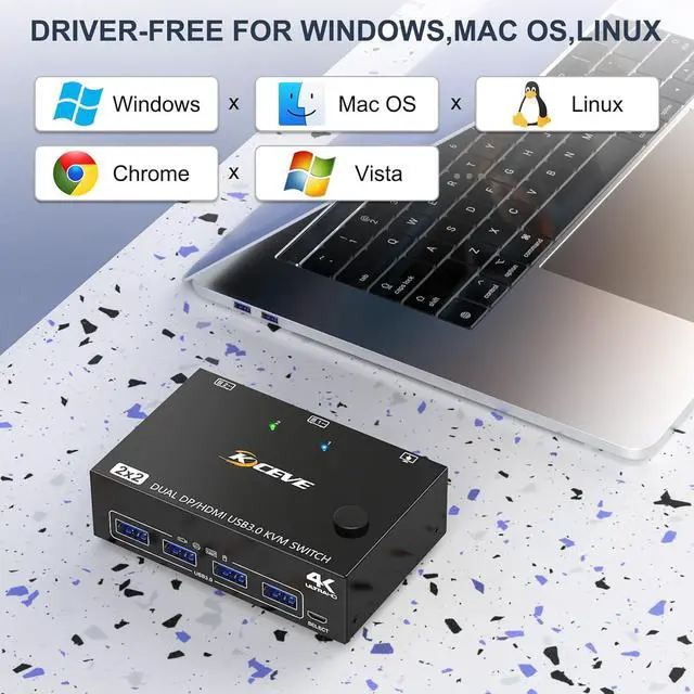 Alt view image 7 of 7 - USB 3.0 Dual Monitor KVM Switch HDMI+Displayport 4K@60Hz, 2K@120Hz, 2 in 2 Out [DP + HDMI] USB 3.0 KVM Switch for 2 Computers Share 2 Display and 4 USB3.0 Devices, Wired Remote and 4 Cables Included