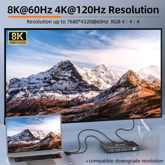 Alt view image 4 of 7 - 8K HDMI KVM Switch 2 in 1 Out, 2 Port 8K@60Hz 4K@120Hz, HDMI KVM Switch for 2 Computers Share 1 Monitor and 3 USB 3.0 Devices,HDCP 2.3, HDR 10,with Wired Remote,12V Power Adapter and 2 USB 3.0 Cables