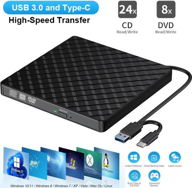 External DVD Drive USB 3.0 Type-C USB Portable Player for Laptop CD DVD  +/-RW Disk Drive CD ROM Burner Writer CD/DVD Burner Reader Compatible with