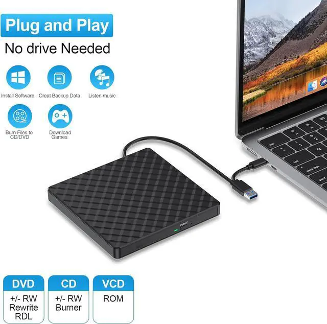 Alt view image 3 of 7 - Portable External CD/DVD Drive for Laptop, Type C & USB 3.0 CD DVD +/-RW Drive Burner DVD Player, External CD ROM Reader Writer Optical Drive Compatible with Laptop PC Mac Windows 11/10/8.1/7 Linux