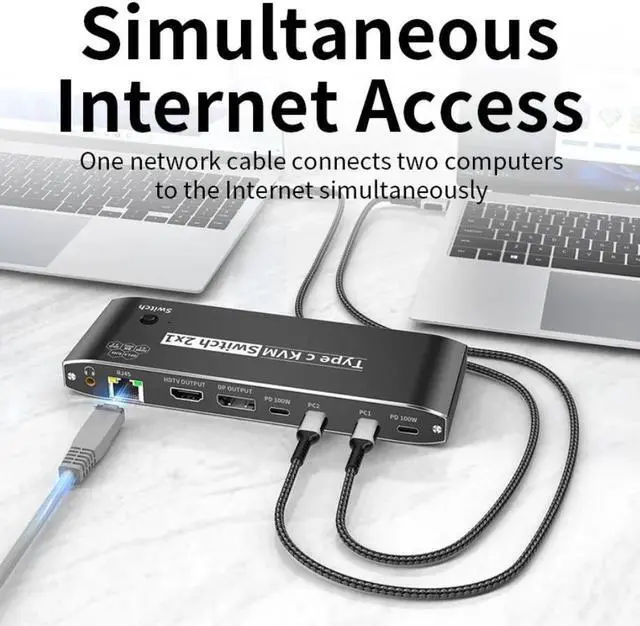 Alt view image 6 of 7 - 2x1 Type C KVM Switch, 8K Thunderbolt 4 USB C KVM Switch with RJ45 3.5mm Jack, 100W PD Charge, 4K 120Hz USB C to HDMI DP KVM Switch for 2 Computer Share 1 Monitor, keyboard, Mouse, 5 x USB 2.0 Device