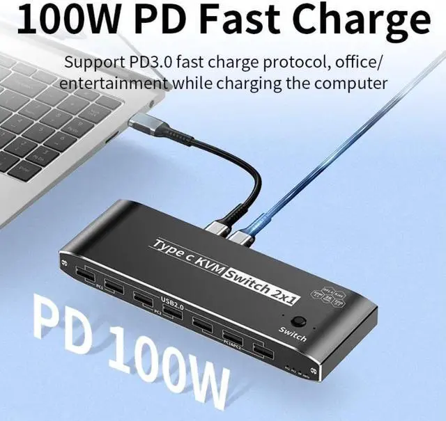 Alt view image 5 of 7 - 2x1 Type C KVM Switch, 8K Thunderbolt 4 USB C KVM Switch with RJ45 3.5mm Jack, 100W PD Charge, 4K 120Hz USB C to HDMI DP KVM Switch for 2 Computer Share 1 Monitor, keyboard, Mouse, 5 x USB 2.0 Device