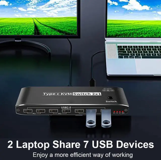 Alt view image 3 of 7 - 2x1 Type C KVM Switch, 8K Thunderbolt 4 USB C KVM Switch with RJ45 3.5mm Jack, 100W PD Charge, 4K 120Hz USB C to HDMI DP KVM Switch for 2 Computer Share 1 Monitor, keyboard, Mouse, 5 x USB 2.0 Device