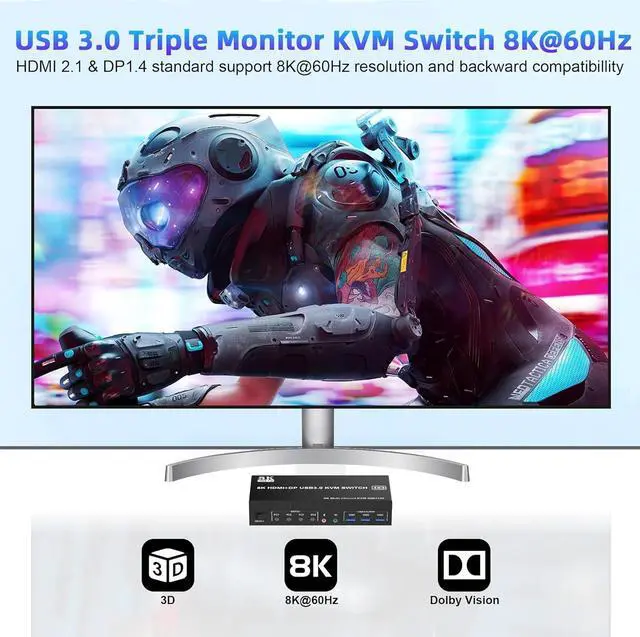 Alt view image 3 of 7 - KVM Switch 3 Monitors 4 Computers 8K@60Hz 4K@144Hz, 2 HDMI +1 DisplayPort KVM Switch Triple Monitor for 4 Computer with Audio and 3 USB 3.0 Ports, KVM Switch for Triple Monitor Keyboard Mouse Switcher