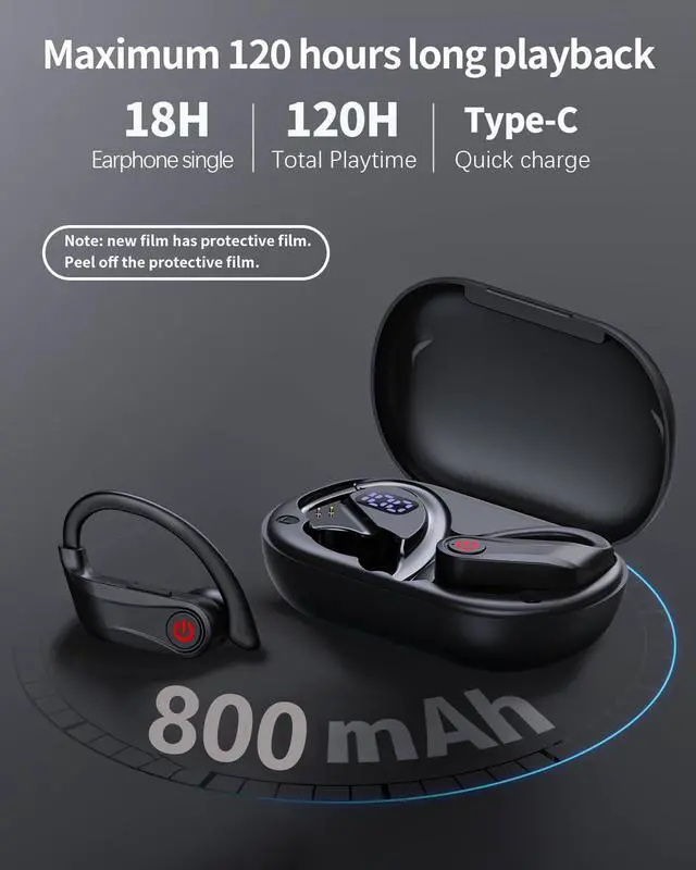Alt view image 2 of 7 - True Wireless Earbuds, Bluetooth Headphones Sports Over-Ear Bluetooth 5.3 Ear Buds with Earhooks 120H Playtime Wireless Headphones for Workout Waterproof Bluetooth LED Power Display