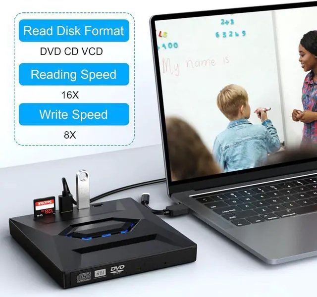 Alt view image 3 of 7 - External CD/DVD Drive for Laptop - [5 in 1] External CD DVD Drive with SD/TF Card Slot USB 3.0 Type A/Type C DVD Player Portable External DVD Burner for Laptop Mac Os Vista Windows 11/10/8.1/8/7 Linux