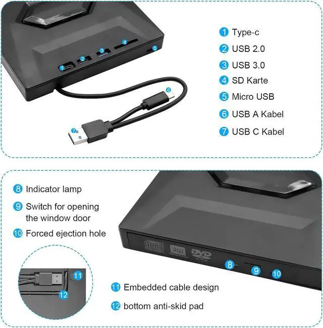 Alt view image 7 of 7 - External CD/DVD Drive for Laptop - [5 in 1] External CD DVD Drive with SD/TF Card Slot USB 3.0 Type A/Type C DVD Player Portable External DVD Burner for Laptop Mac Os Vista Windows 11/10/8.1/8/7 Linux