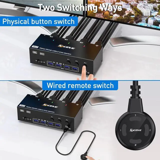 Displayport HDMI 8K KVM Switch 3 monitoren, Triple Monitor KVM-switch voor 2 computers die 3 monitoren en 3 USB 3.0 poorten/audio/mik delen, 8K @60 Hz 4K @144 Hz