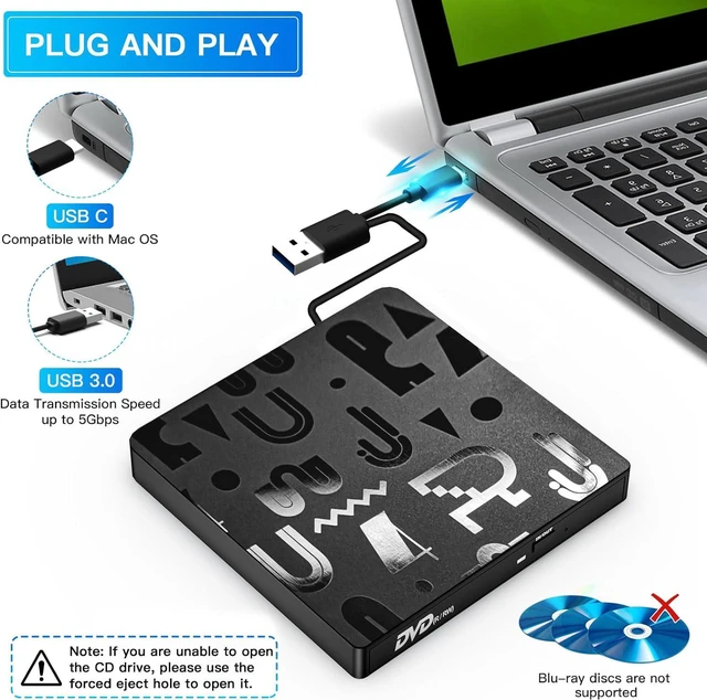 Alt view image 2 of 7 - External CD DVD Drive, USB C & USB 3.0 Laptop Drive Portable External Disc Drive, High Speed Data Transfer USB 3.0 Type-C External CD/DVD Optical Drive, Compatible with Window 10/8/7, Laptop, PC