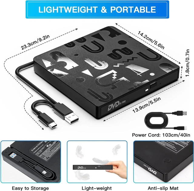 Alt view image 7 of 7 - External CD DVD Drive, USB C & USB 3.0 Laptop Drive Portable External Disc Drive, High Speed Data Transfer USB 3.0 Type-C External CD/DVD Optical Drive, Compatible with Window 10/8/7, Laptop, PC