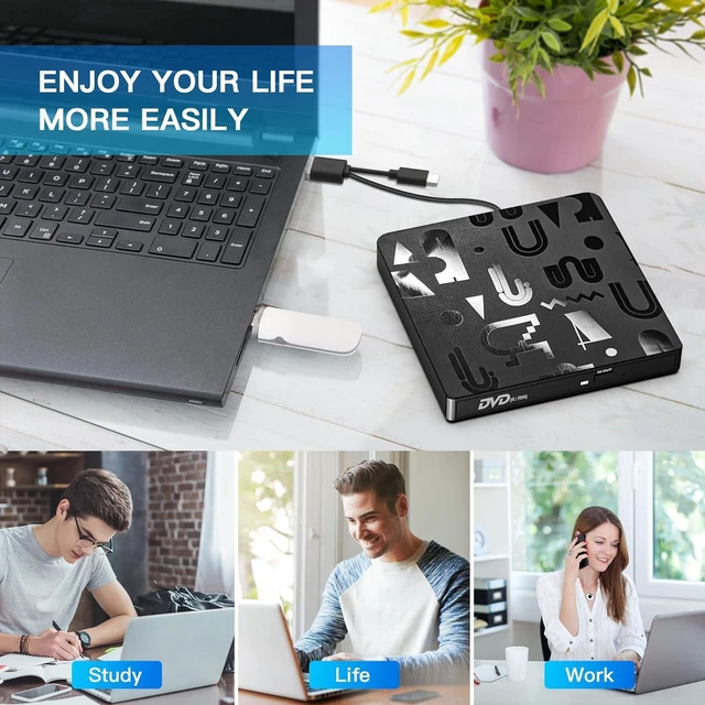 Alt view image 6 of 7 - External CD DVD Drive, USB C & USB 3.0 Laptop Drive Portable External Disc Drive, High Speed Data Transfer USB 3.0 Type-C External CD/DVD Optical Drive, Compatible with Window 10/8/7, Laptop, PC
