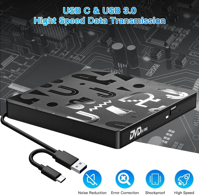 Alt view image 4 of 7 - External CD DVD Drive, USB C & USB 3.0 Laptop Drive Portable External Disc Drive, High Speed Data Transfer USB 3.0 Type-C External CD/DVD Optical Drive, Compatible with Window 10/8/7, Laptop, PC