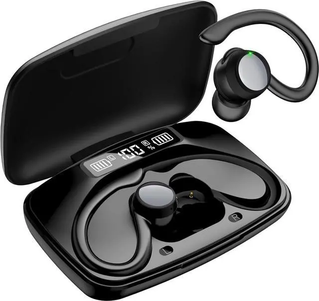 Main image of True Wireless Earbuds, Bluetooth Headphones 120H Playback Wireless Sports Earbuds with Over Ear Earhooks LED Display Charging Case IPX7 Waterproof Bluetooth Earphones for Running Workout, Black