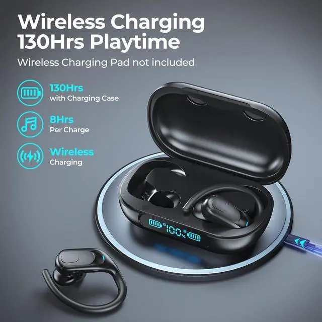 Alt view image 2 of 7 - Wireless Earbuds Bluetooth 5.3 Headphones 130hrs Playtime Wireless Charging Ear Buds IPX7 Waterproof Earphones Over-Ear Headset with Earhooks LED Power Display for Sports Workout Running Gym