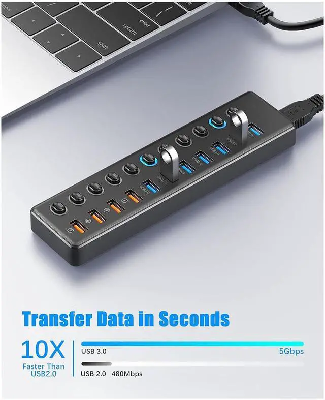 Alt view image 3 of 7 - Powered USB Hub 3.0, 11-Port USB 3.0 Hub Splitter (7x USB 3.0 Data Ports + 4x Smart Charging Port) with 12V/3A Power Adapter and LED Individual On/Off Switches for Laptop and PC