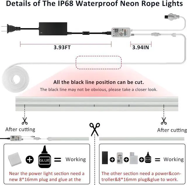 Alt view image 6 of 7 - Neon Rope Lights, 16.4FT / 5M RGB LED Strip Lights App Control, IR Remote, Music Syncing, Indoor LED Noen Light, Flexible DIY Design for Bedroom, Living,Gaming, Party Decoration
