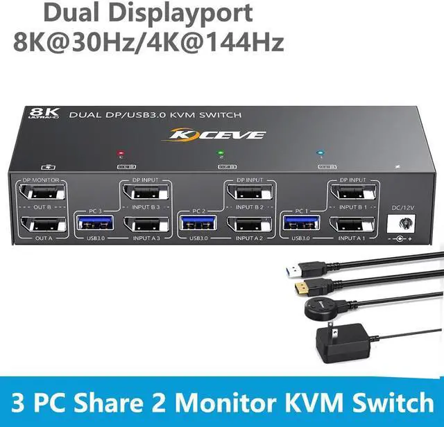 Main image of 8K DisplayPort KVM Switch 3 PC 2 Monitors 8K@30Hz, 4K@144Hz, Dual Monitor Displayport KVM Switch with DisplayPort 1.4 and 4 USB 3.0 Ports for 2 PC/Laptops, with DP + USB Cable and Desktop Controller