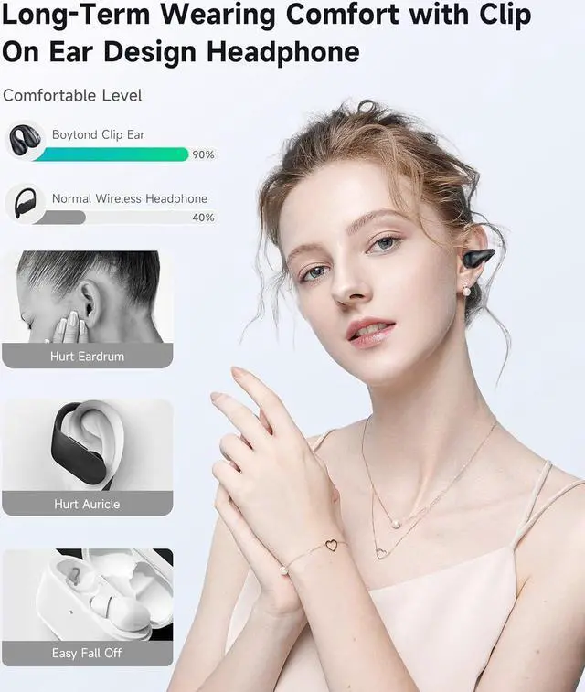 Alt view image 2 of 7 - Open Ear Headphones, Clip On Wireless Earbuds Bluetooth 5.3 Earphones, Sports Ear Buds with ENC Mic, 36 Hours HIFI Earpods with LED Display Charging Case, IPX7 Waterproof Running Earphones