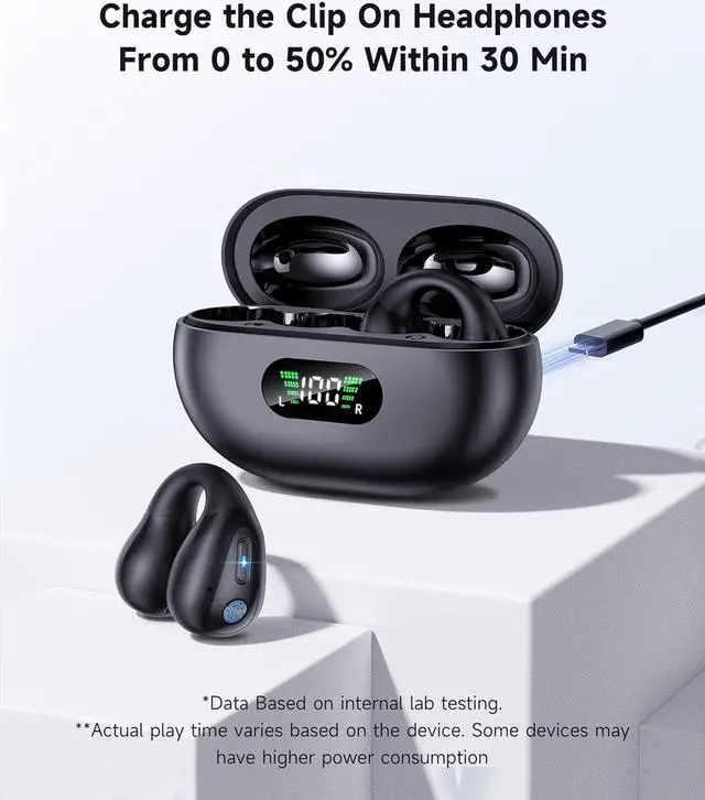 Alt view image 6 of 7 - Open Ear Headphones, Clip On Wireless Earbuds Bluetooth 5.3 Earphones, Sports Ear Buds with ENC Mic, 36 Hours HIFI Earpods with LED Display Charging Case, IPX7 Waterproof Running Earphones
