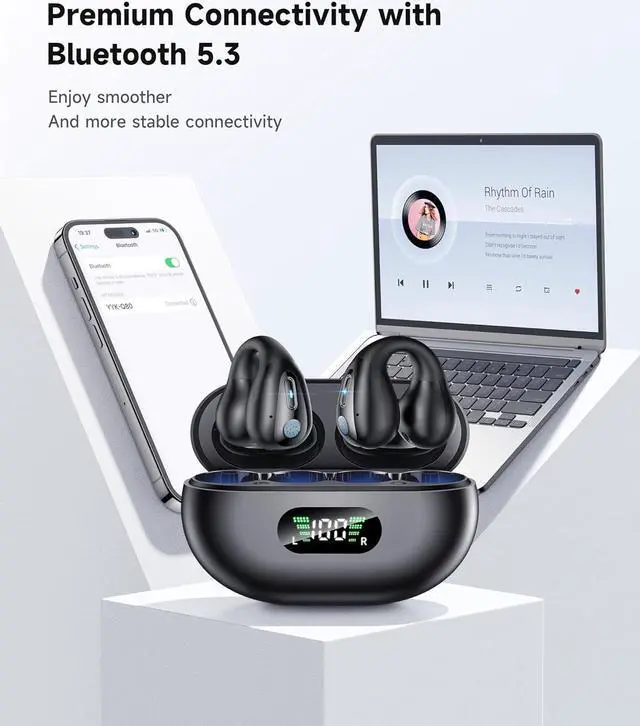 Alt view image 3 of 7 - Open Ear Headphones, Clip On Wireless Earbuds Bluetooth 5.3 Earphones, Sports Ear Buds with ENC Mic, 36 Hours HIFI Earpods with LED Display Charging Case, IPX7 Waterproof Running Earphones