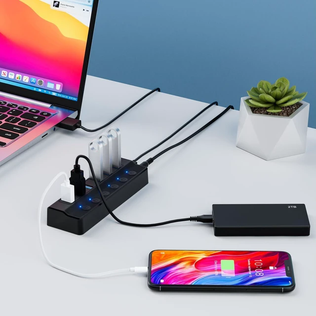 Alt view image 7 of 7 - USB 3.0 Hub 6 Port, 6-Ports USB Hub Splitter for Laptop with Individual On/Off Switches and Light, 3ft/1M Long Cord, USB Port Hub Extension for PC and Computer