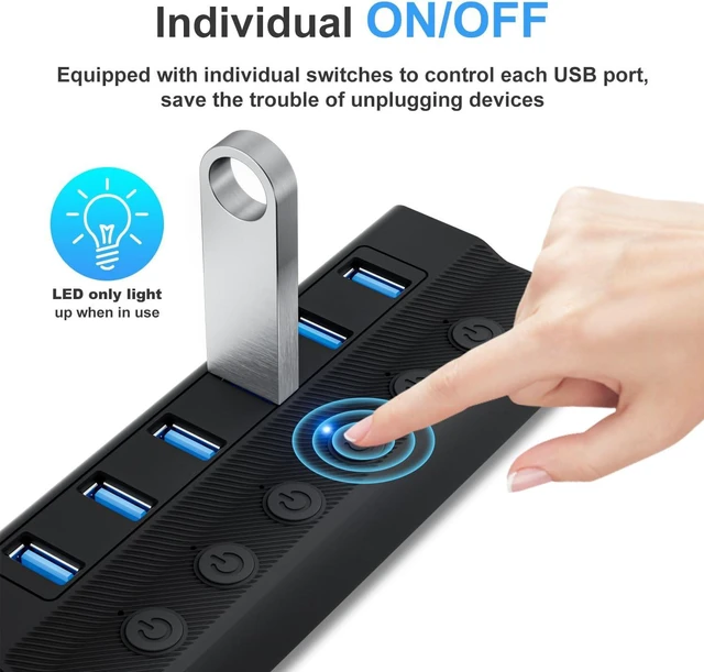 Alt view image 4 of 7 - USB 3.0 Hub 6 Port, 6-Ports USB Hub Splitter for Laptop with Individual On/Off Switches and Light, 3ft/1M Long Cord, USB Port Hub Extension for PC and Computer