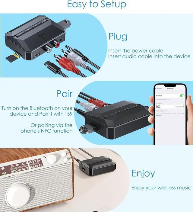 Alt view image 6 of 7 - Bluetooth 5.3 Receiver Audio Adapter for Home Stereo, NFC-Enabled Bluetooth Stereo Adapter for Speakers, RCA 3.5mm AUX for Music Streaming Stereo System, Support USB Driver/TF Card Play Music