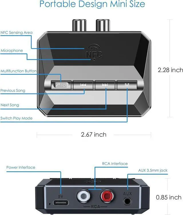 Alt view image 7 of 7 - Bluetooth 5.3 Receiver Audio Adapter for Home Stereo, NFC-Enabled Bluetooth Stereo Adapter for Speakers, RCA 3.5mm AUX for Music Streaming Stereo System, Support USB Driver/TF Card Play Music