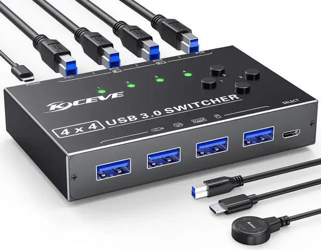 Main image of USB 3.0 Switch 4 Computers, 4 Port USB Switch Selector for 4 Computer Share 4 USB Devices, Keyboard Mouse Switch, 4 in 4 Out USB 3.0 Switcher with Wired Remote and 4 Standard USB-B Cables
