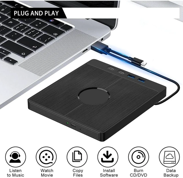 Alt view image 3 of 7 - 7-in-1 External CD DVD Drive, USB 3.0 Type-C External CD/DVD Drive with SD/TF Card Reader, 2 USB A & 2 USB C Ports, Portable RW Burner for All PC Laptop/Desktop, Windows 11/10/8/7/XP/Vista/Linux/MacOS