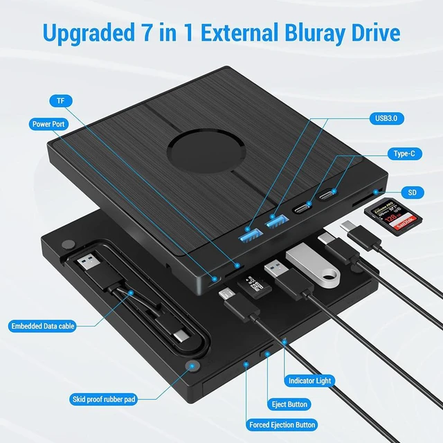 Alt view image 2 of 7 - 7-in-1 External CD DVD Drive, USB 3.0 Type-C External CD/DVD Drive with SD/TF Card Reader, 2 USB A & 2 USB C Ports, Portable RW Burner for All PC Laptop/Desktop, Windows 11/10/8/7/XP/Vista/Linux/MacOS