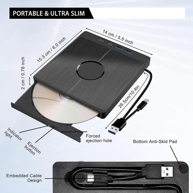 Alt view image 5 of 7 - 7-in-1 External CD DVD Drive, USB 3.0 Type-C External CD/DVD Drive with SD/TF Card Reader, 2 USB A & 2 USB C Ports, Portable RW Burner for All PC Laptop/Desktop, Windows 11/10/8/7/XP/Vista/Linux/MacOS